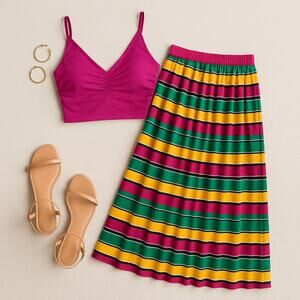 Vintage Personal Rainbow Striped Pleated Midi Skirt Size S with Pink Crop Top
